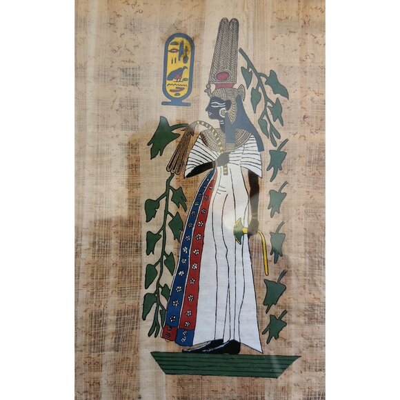Egyptian Papyrus Painting Handmade Framed Wall Art Hieroglyph Queen Ahmose Nefer - Picture 1 of 5